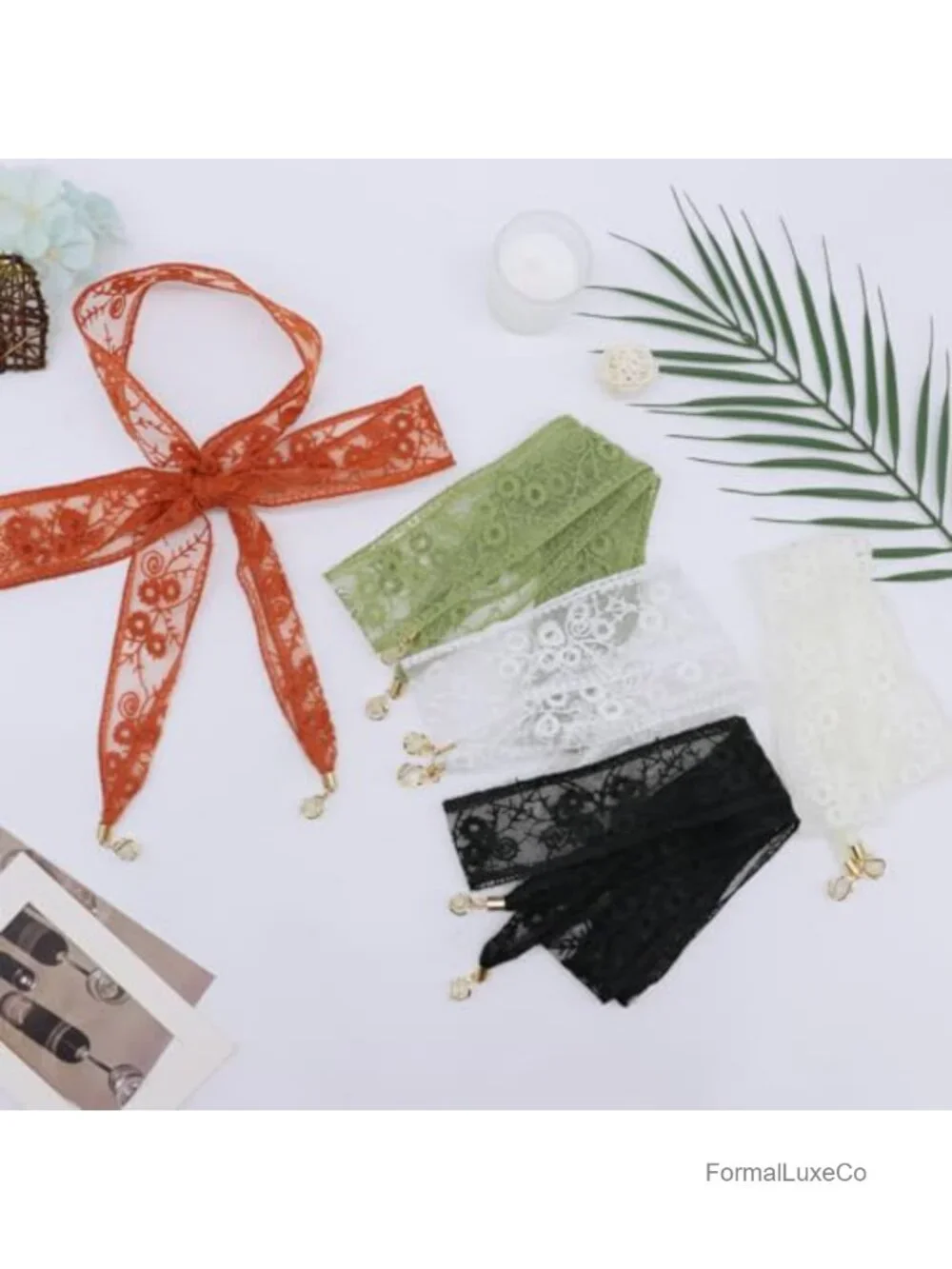 Lace Skinny Scarf with Crystal Pendant - Hair Ribbon, Neck Scarf, Bag Accessory